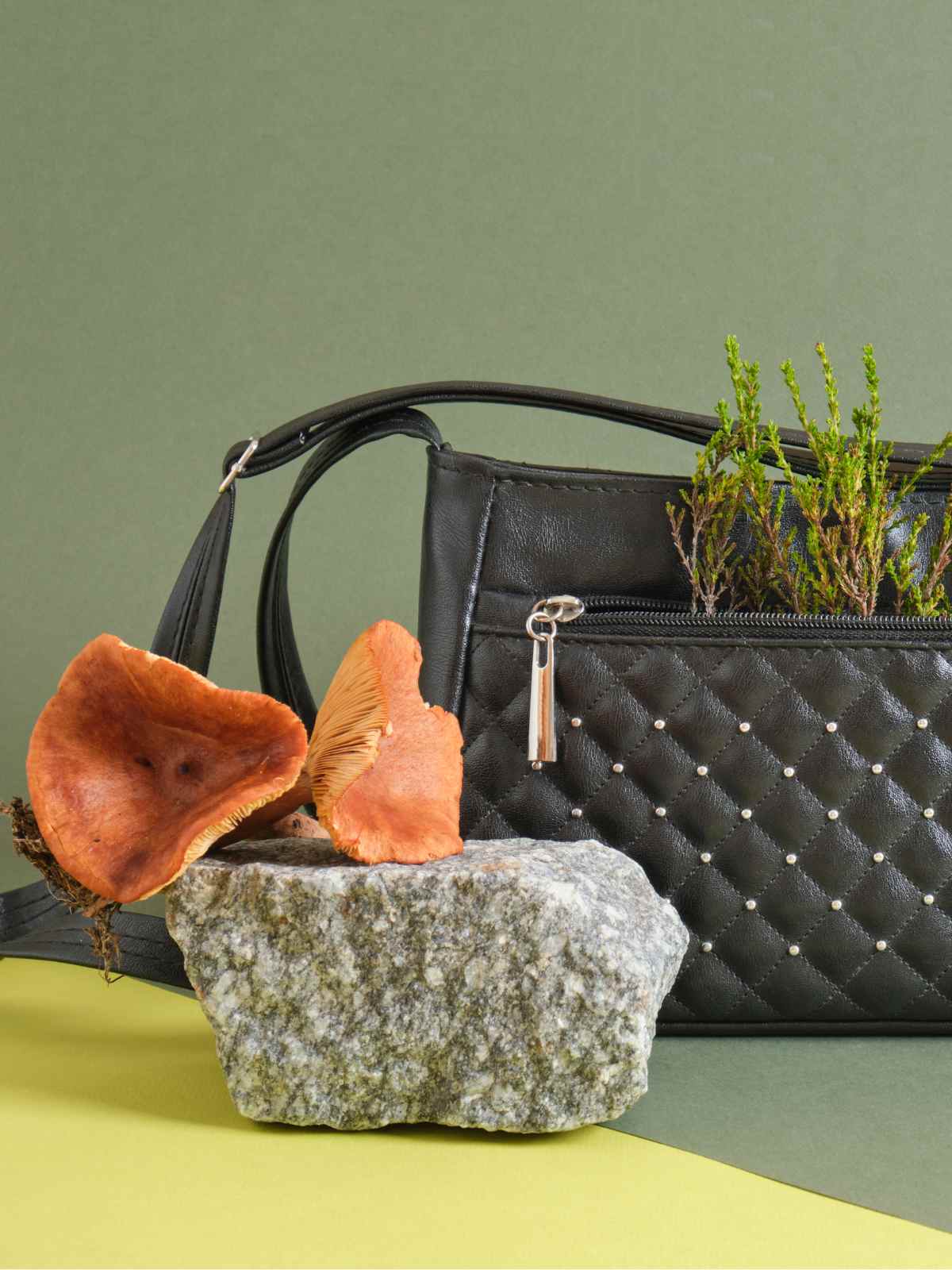 Handbag still life with mushrooms and grass