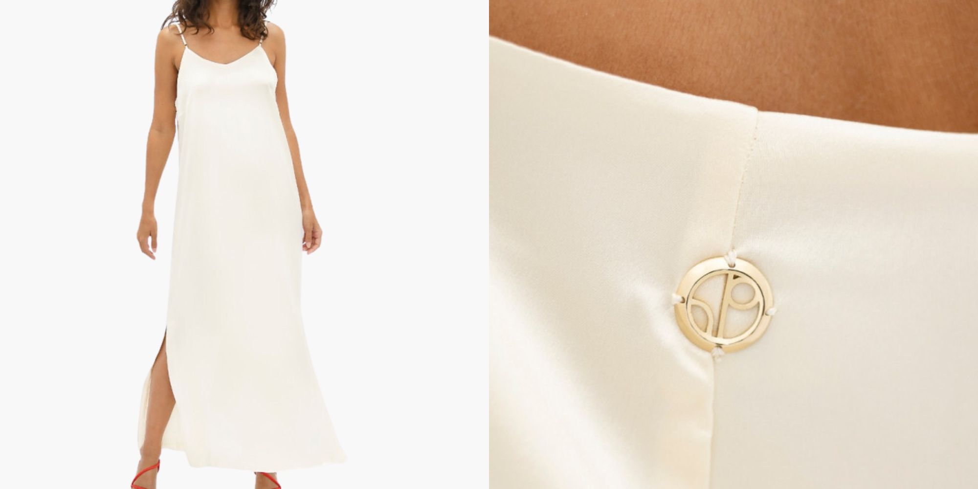 A pearl white silky full length slip dress by 1 People for a non-traditional wedding outfit.