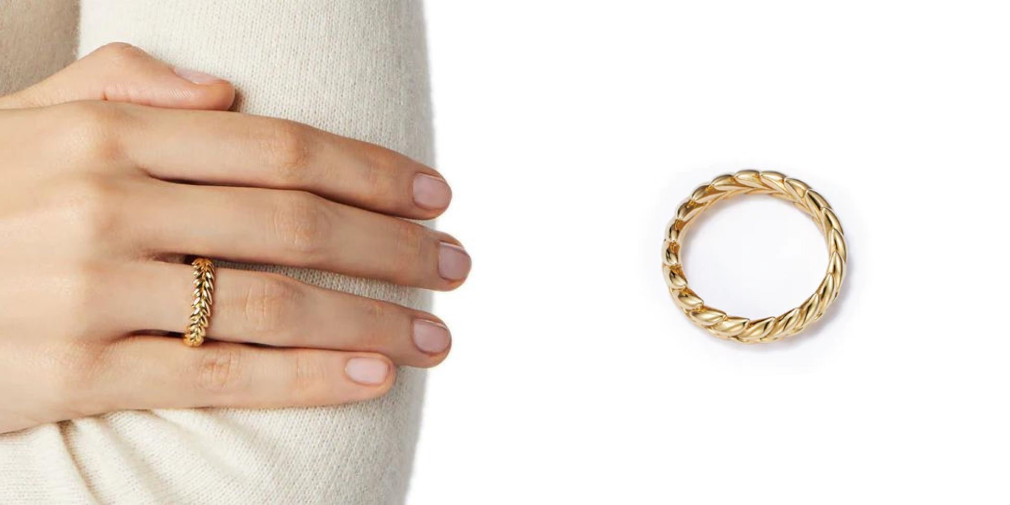 A golden leaf design wedding band by FUTURA Jewelry.