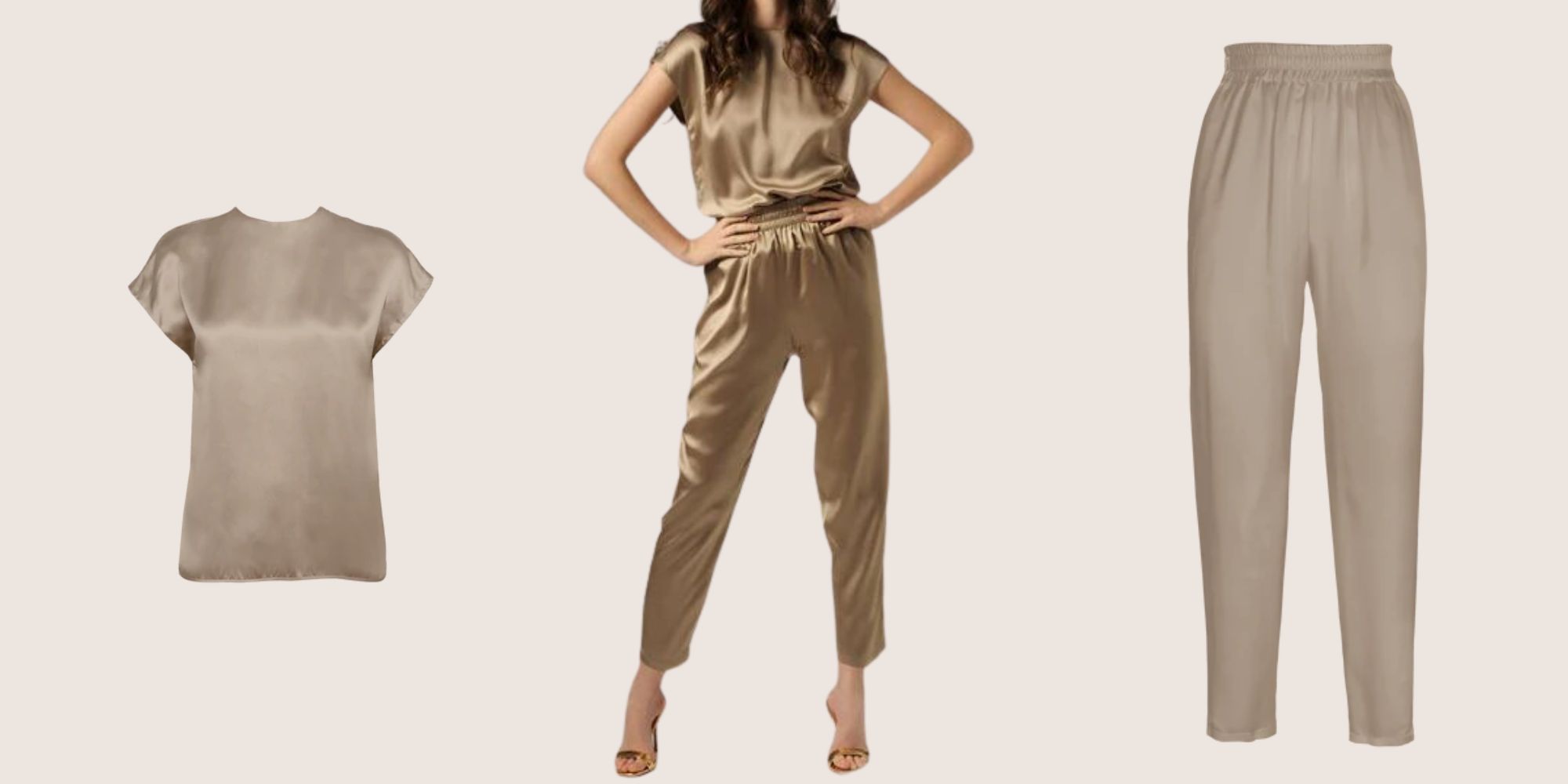 A sandy gold silk two piece set made by HERTH for a wedding outfit.