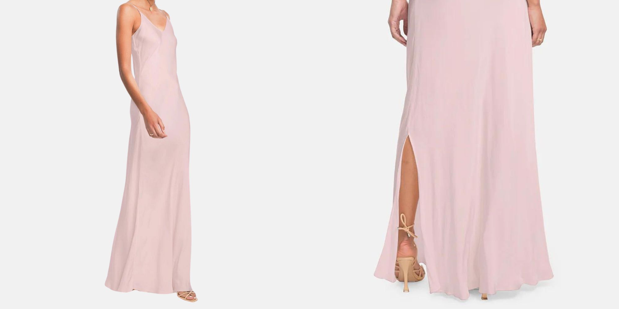 A soft pink full-length slip wedding dress by Katla.