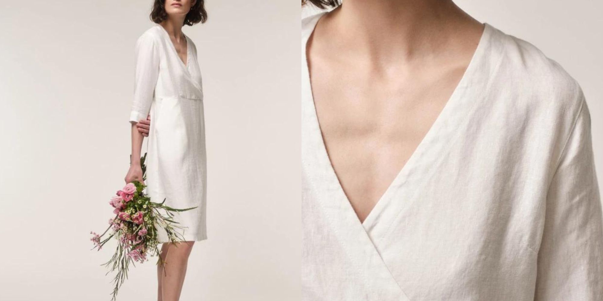 A linen wrap dress for a wedding outfit responsibly-made by LANIUS.