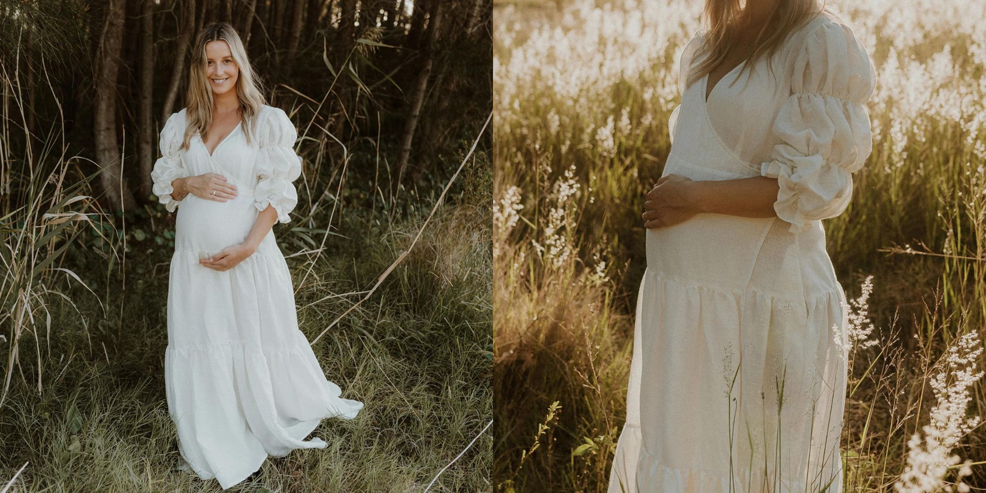 A pregnancy and breastfeeding friendly white ruffled full-length unconventional wedding dress by Luna + Sun.