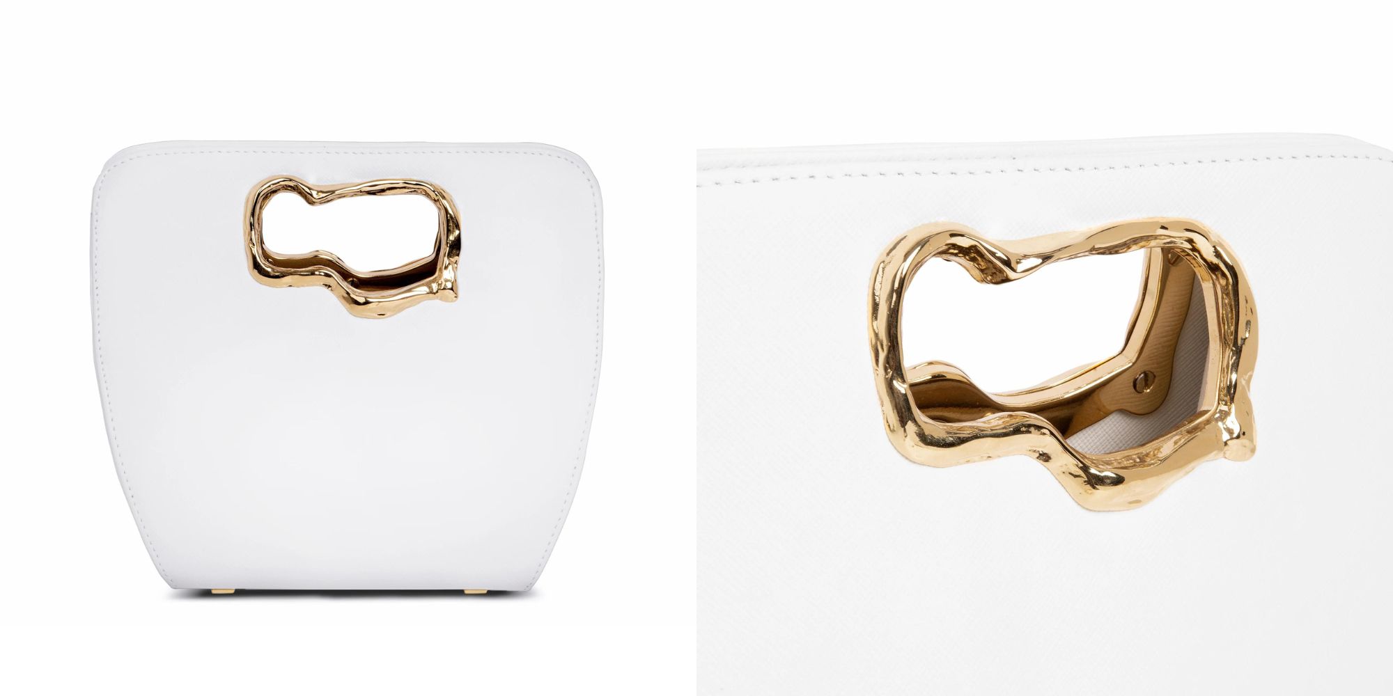 A small white vegan luxury handbag with a golden brass wiggle design handle by Mashu.