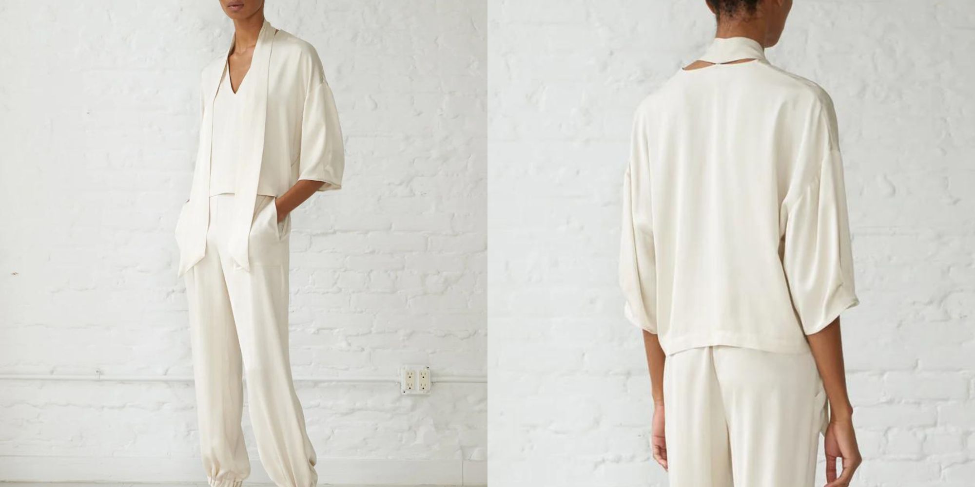 A cream vegan silk top and pants as an unconventional wedding outfit responsibly-made by Minimalist.