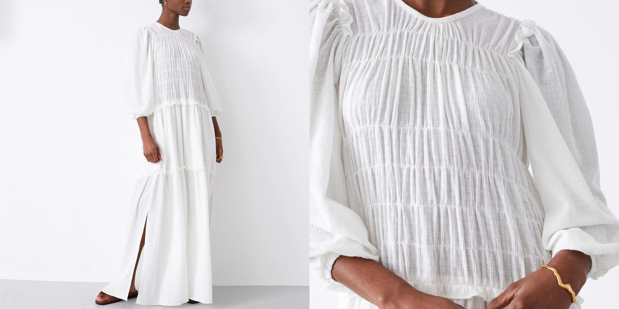 A white ruffled unconventional wedding dress by Mother of Pearl.