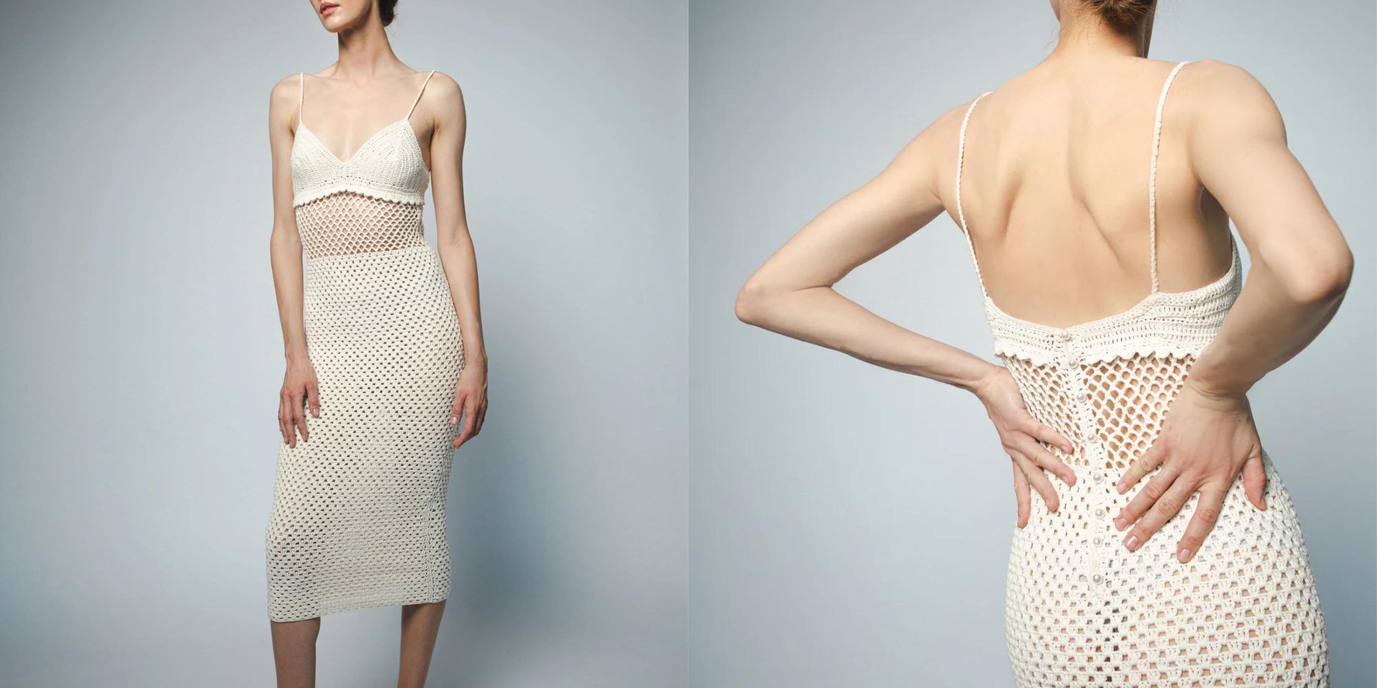 A cream hand crocheted unconventional wedding dress by Santicler.