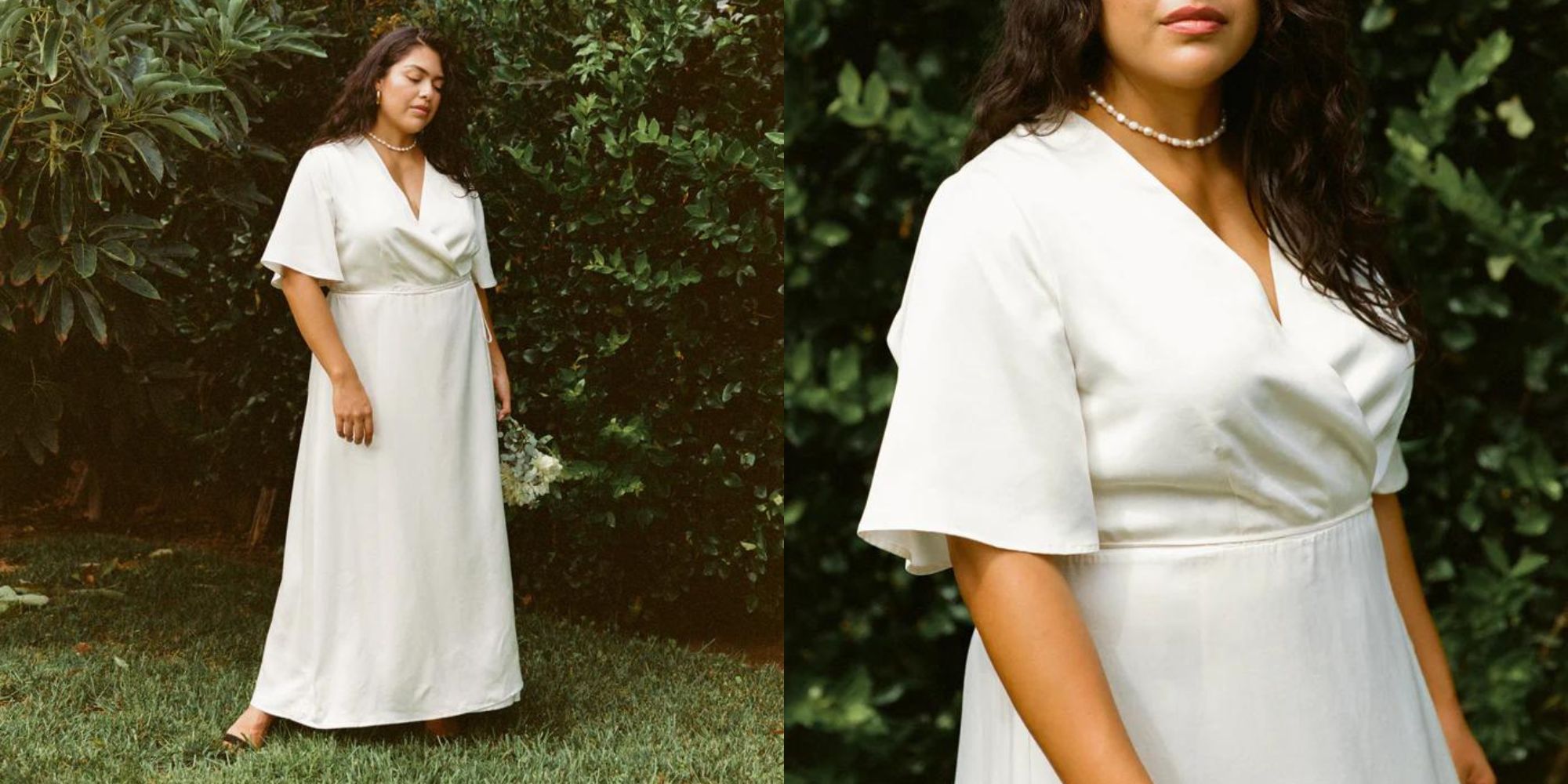 A cream wrap dress in extended sizing perfect as a unique wedding dress responsibly-made by Whimsy + Row.