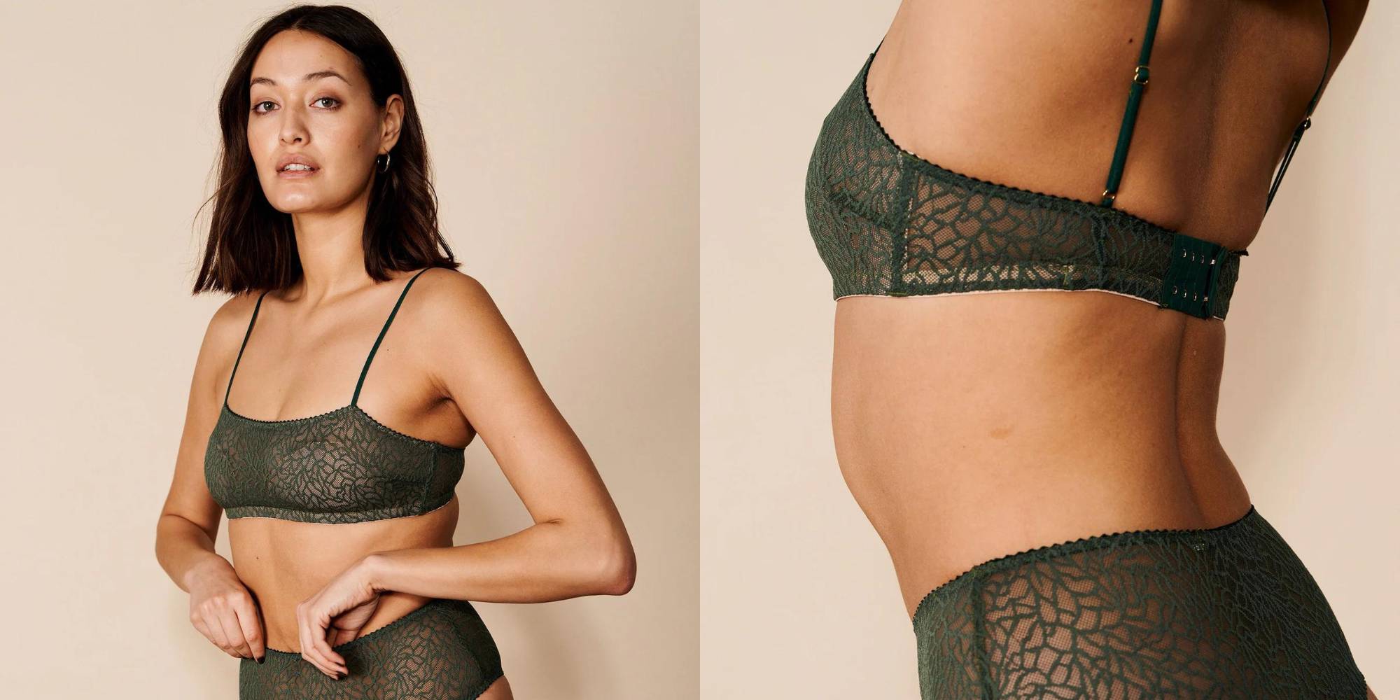 A green lace bandeau bralette with thin straps from Underprotection.