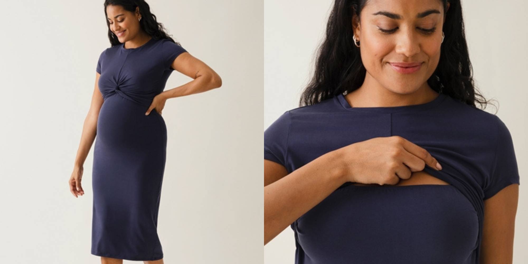 A person wearing a dark navy maternity dress with nursing access.