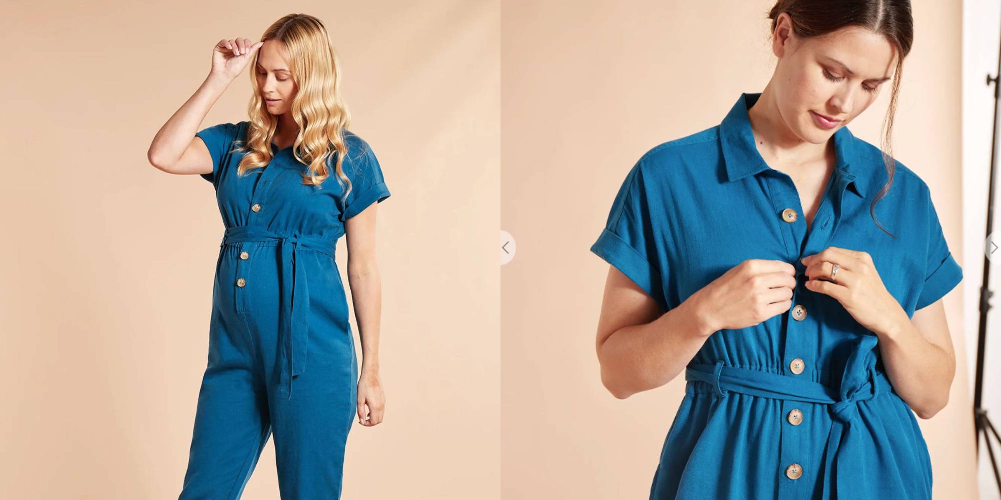A person wearing a bright blue organic cotton maternity jumpsuit.