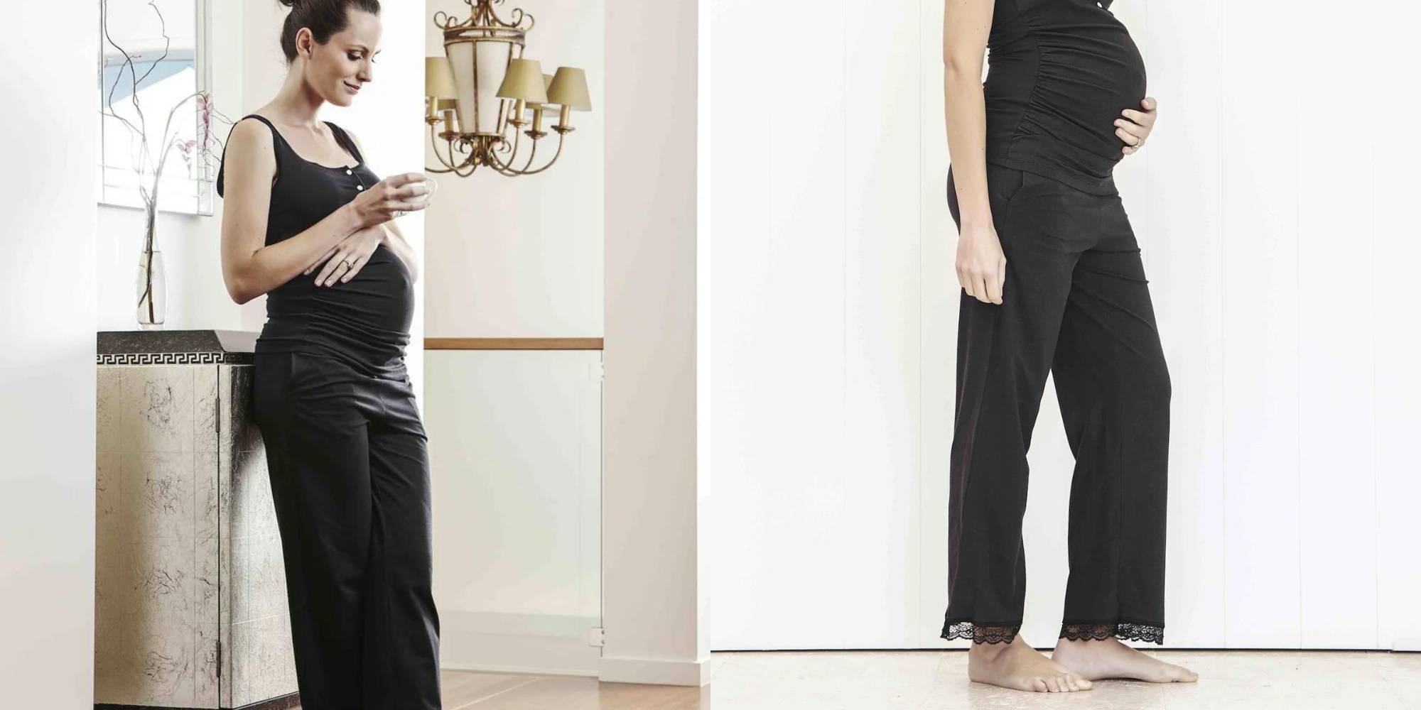 A person wearing black organic cotton maternity drawstring pants.