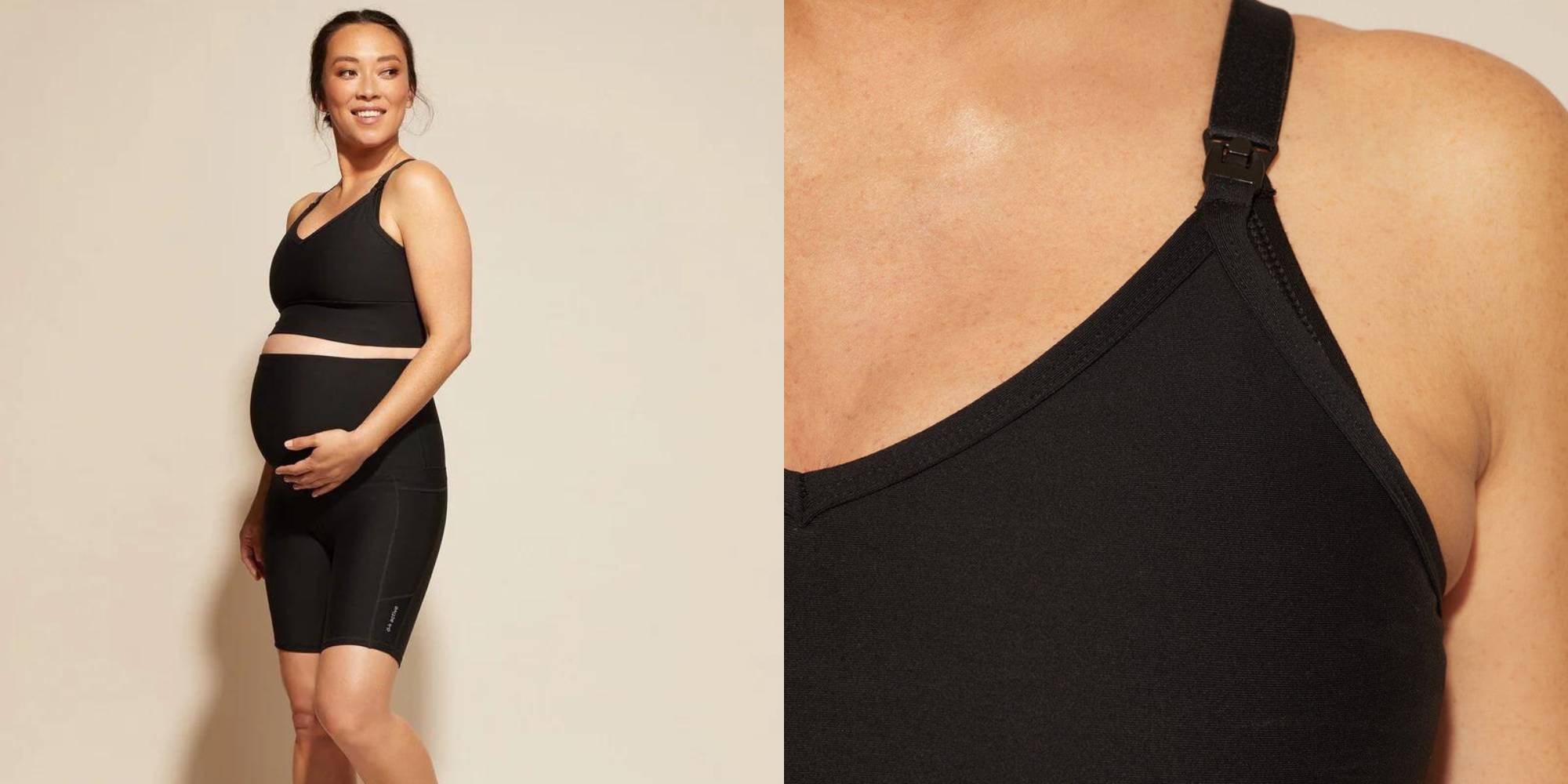 A person wearing a black maternity crop top.