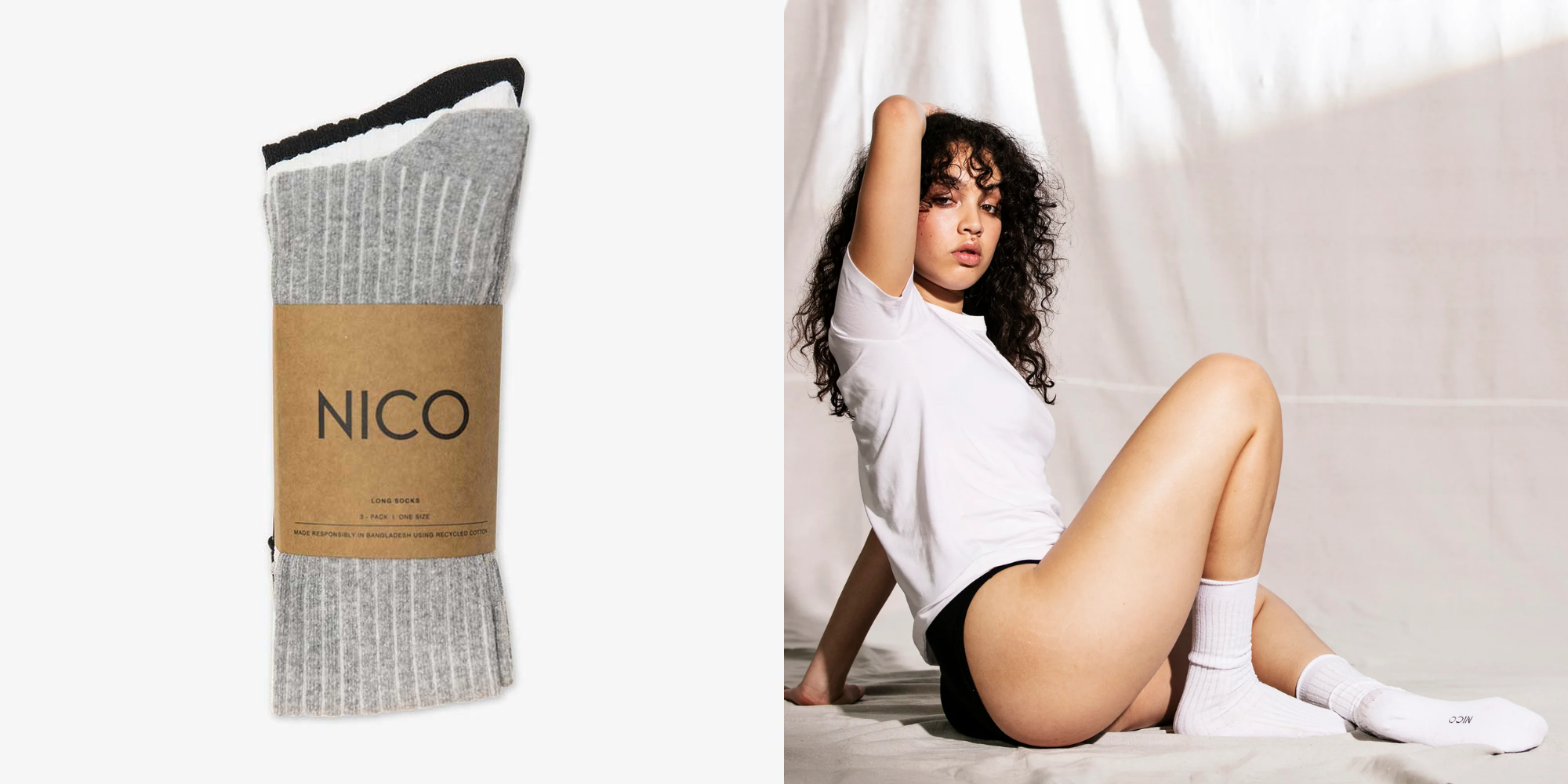 A 3-pack of socks and someone posing with legs folded wearing socks by NICO.