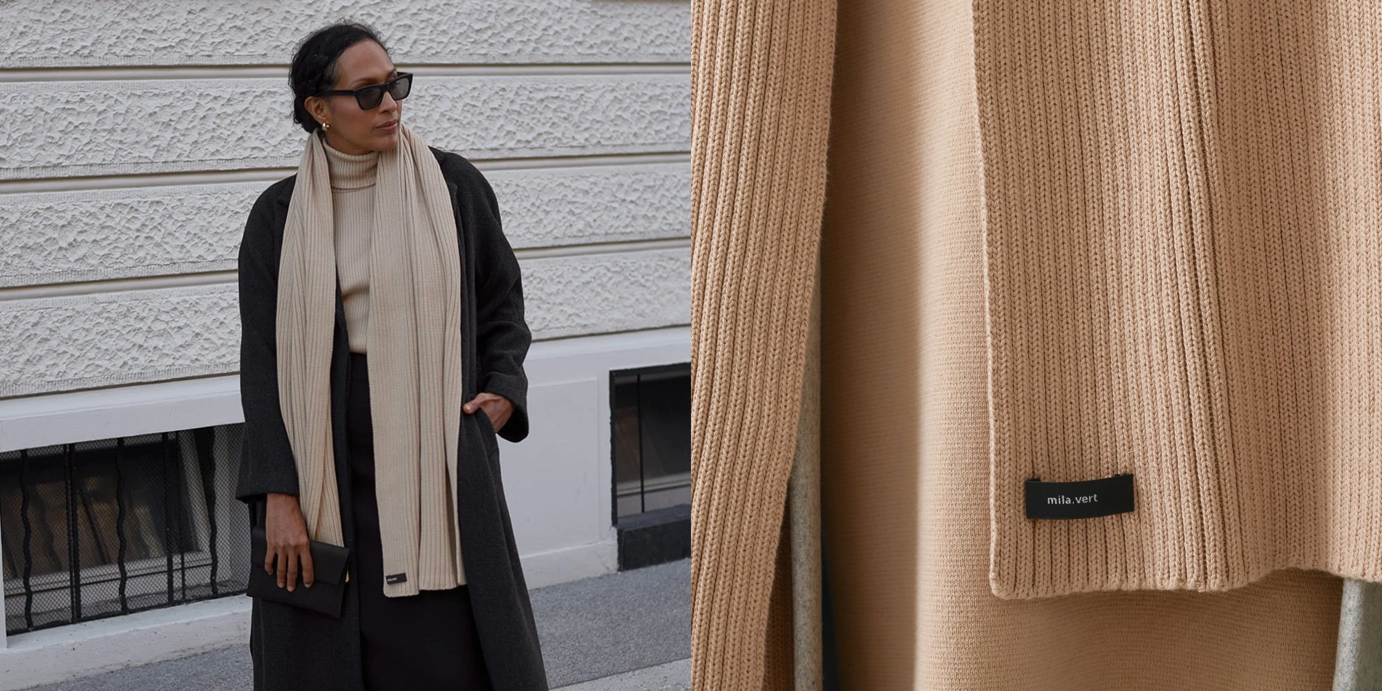 Someone wearing ribbed knitted scarf by Mila.Vert.