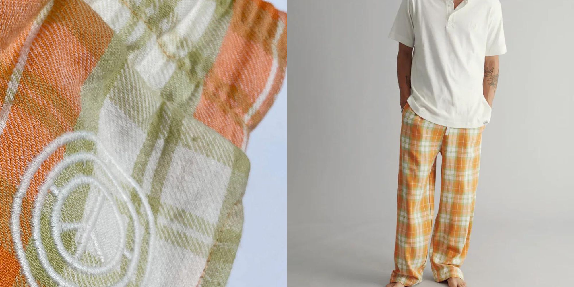 White tee and orange print flannel men's pyjama pants by KOMODO.