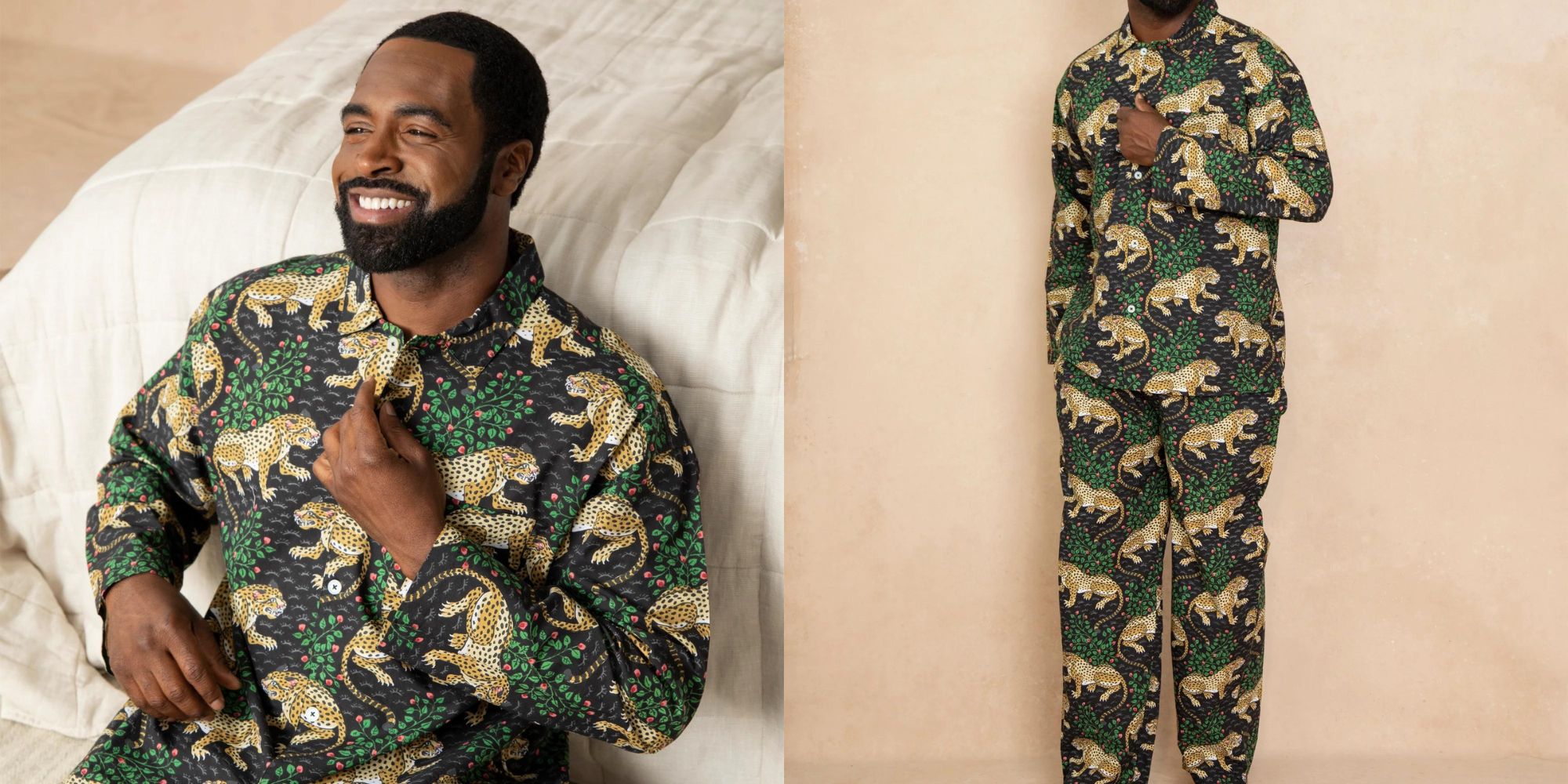 A colourful green, black, and yellow leopard print long more sustainable men's pyjama set by Printfresh.