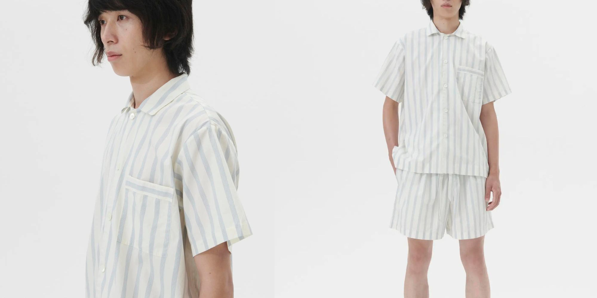 Green and white striped poplin short men's pyjamas by Tekla.