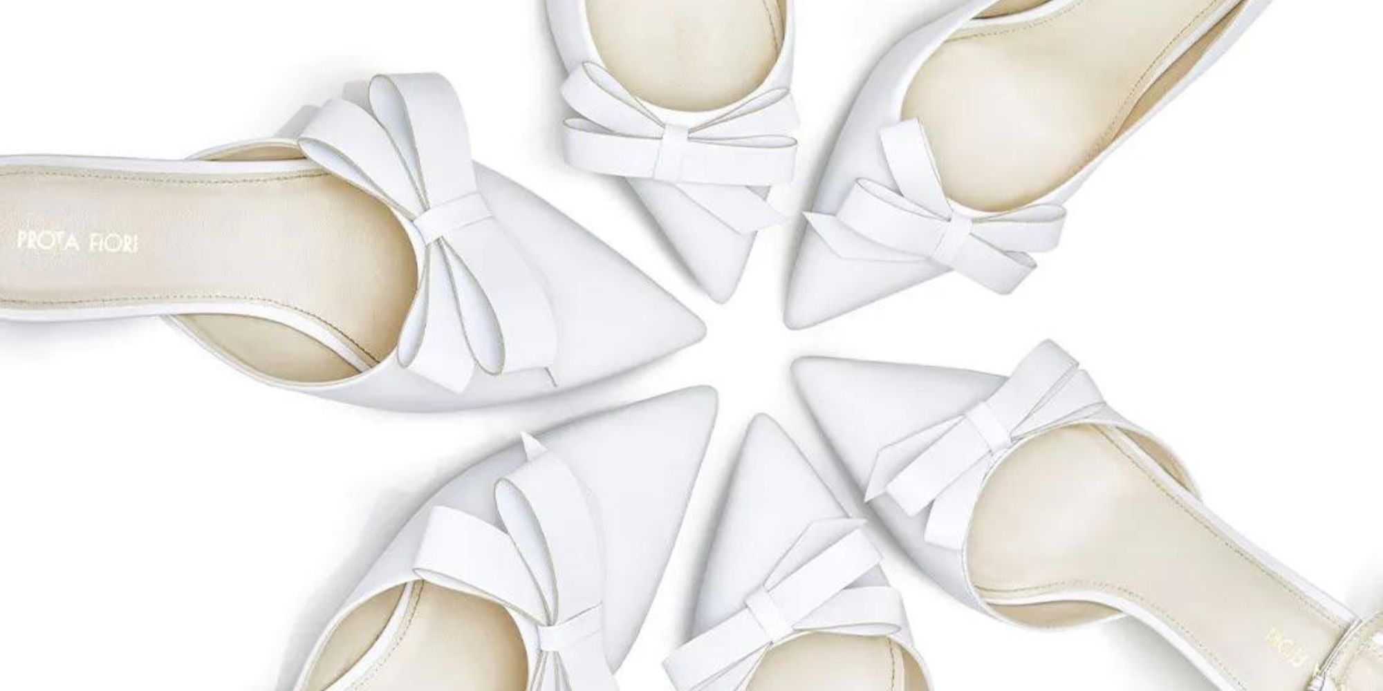 Three pairs of white pointed toe responsibly-made luxury heels in a circle by Prota Fiori.