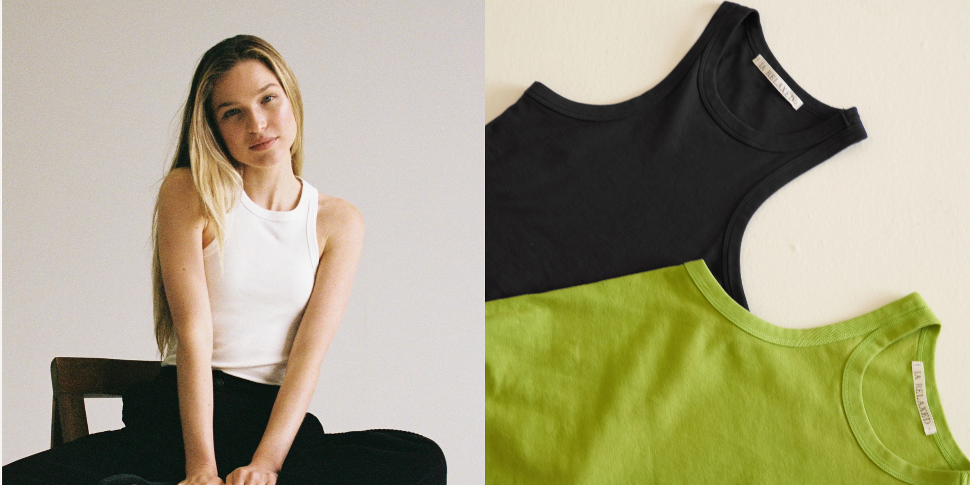 Someone wearing organic cotton knit tank top by LA Relaxed, and tops laid out in colours, black and green.
