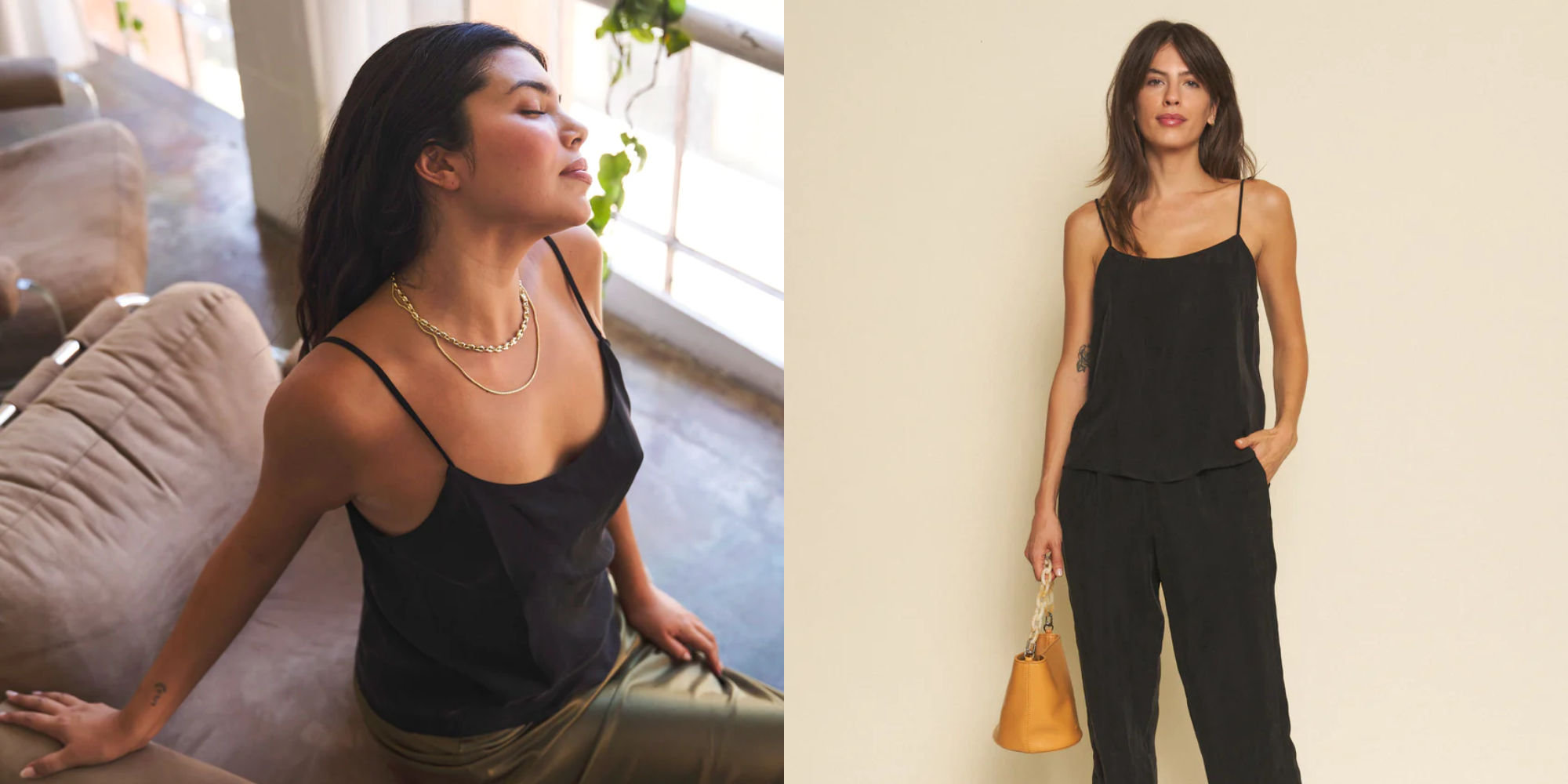 Someone leaning back on a lounge wearing a cami, and someone wearing a black cami and jeans by Whimsy + Row.