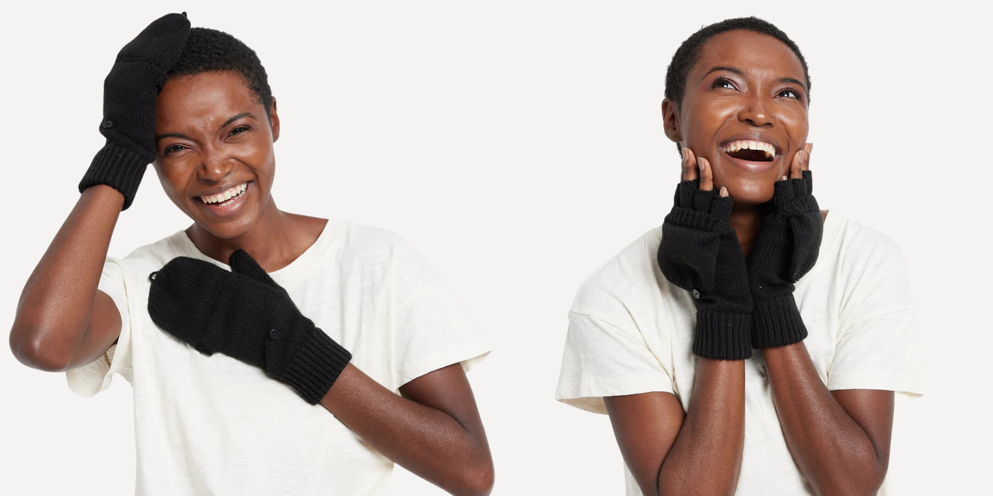 A playful person smiling wearing gloves by Krochet Kids.