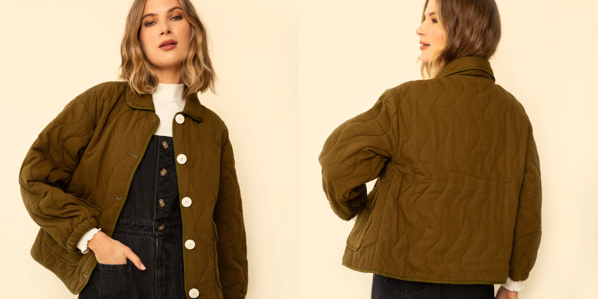 Someone wearing deadstock quilted jacket by Whimsy + Row.