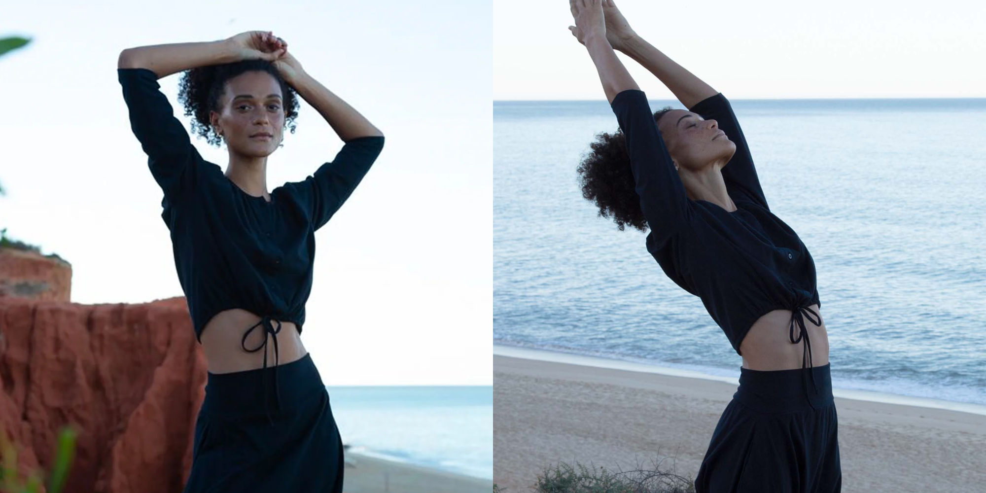 Someone stretched in a yoga pose wearing yoga clothes by Beaumont Organic.