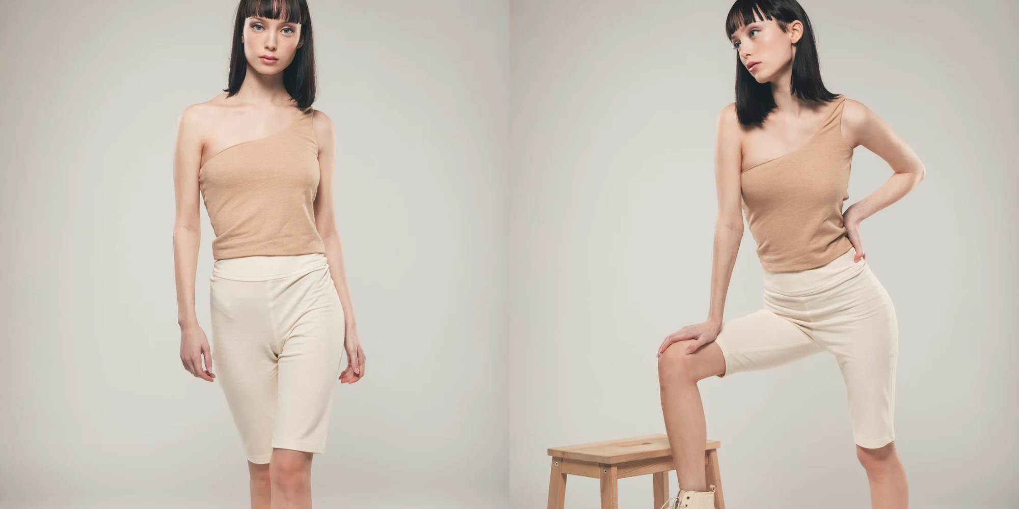 person posing in nude tank and cream active shorts by Organique.