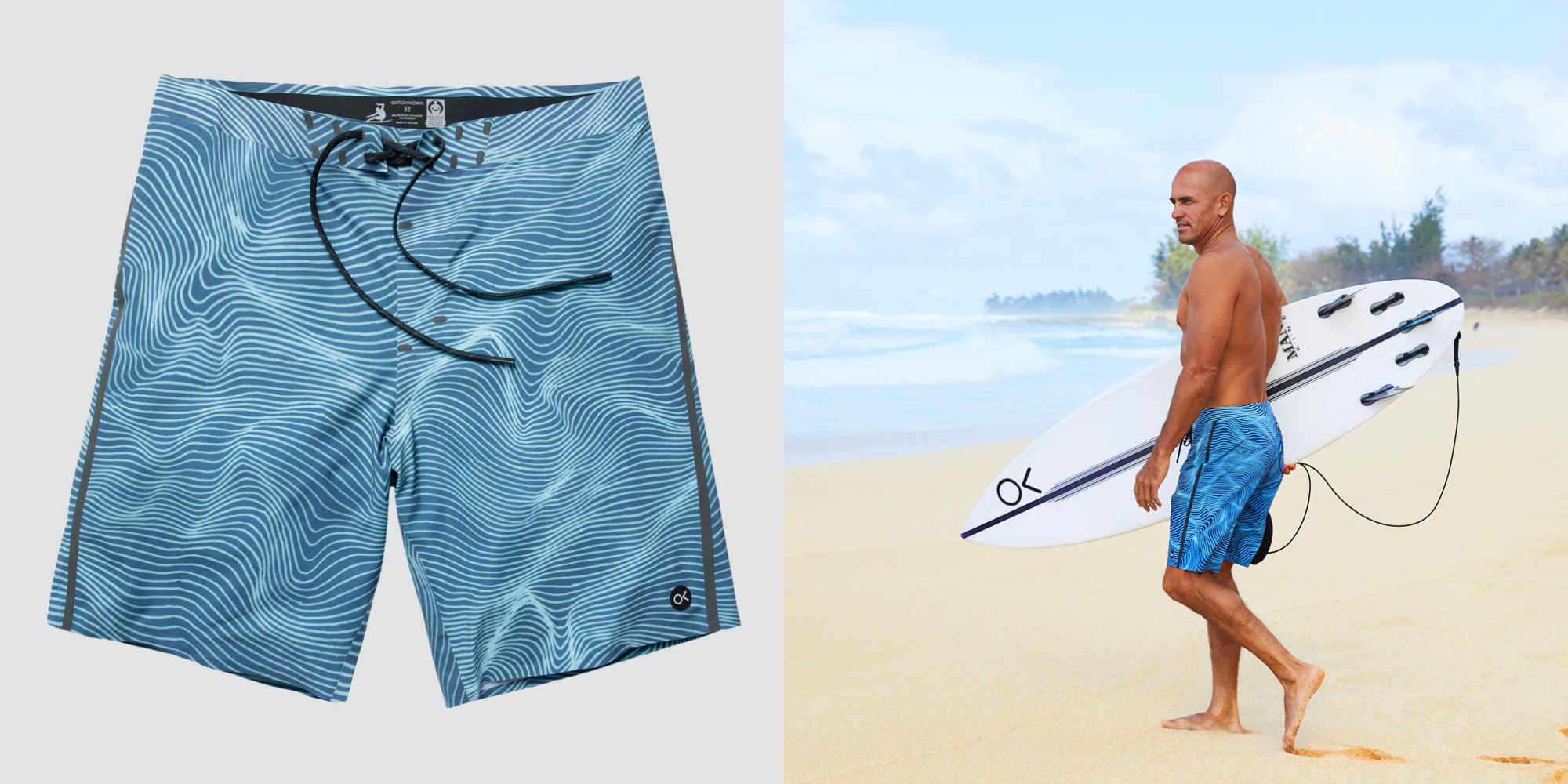 Someone wearing blue Outerknown surf trunks.