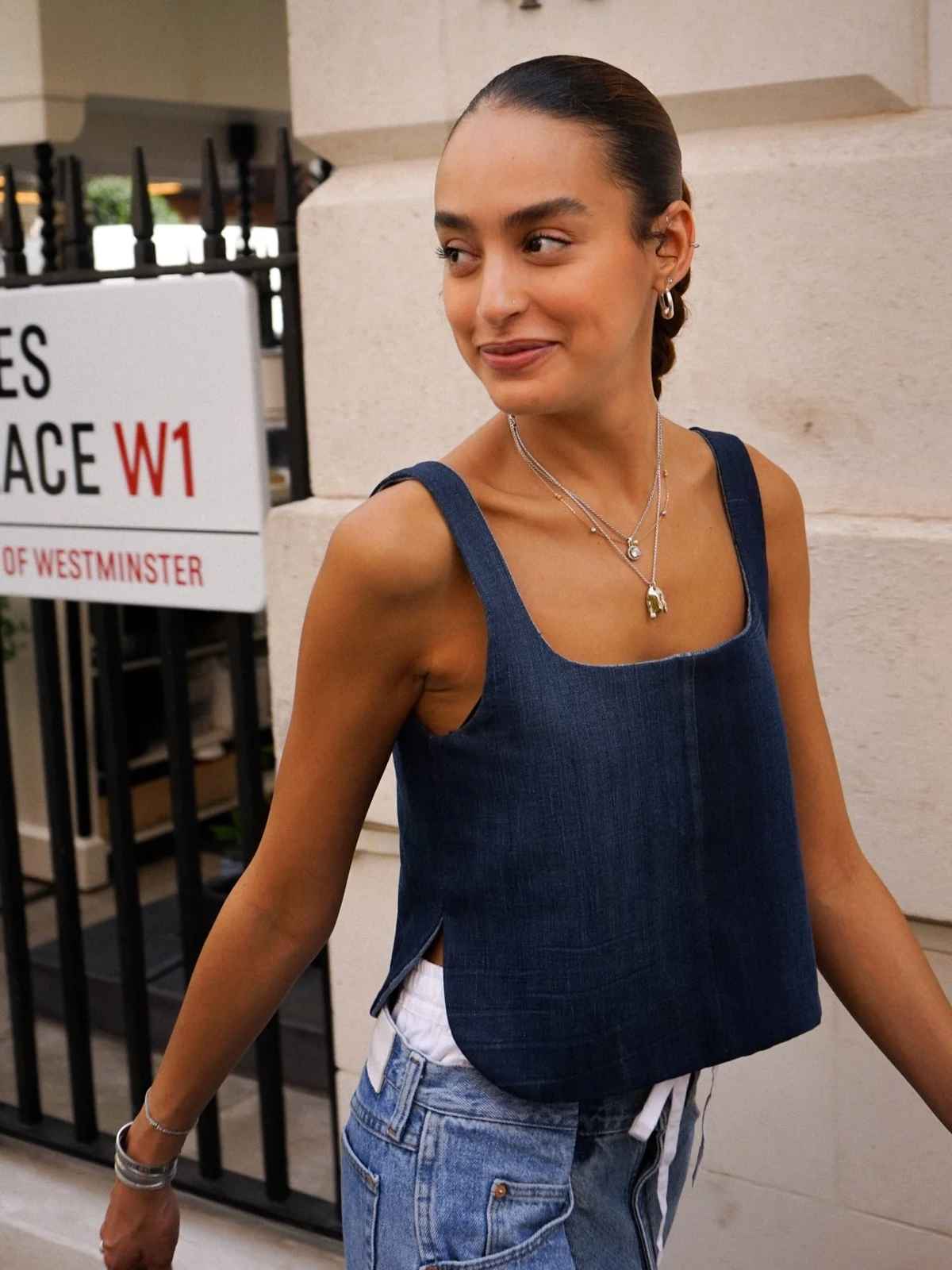 Woman wearing denim walking in London