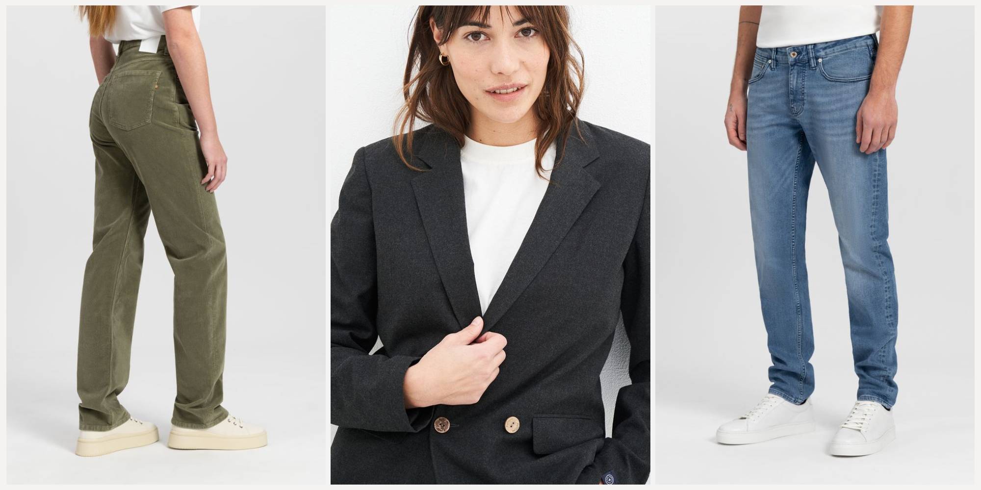 Side by side images of people in different attire: khaki corduroy pants, black blazer with golden buttons, and classic blue jeans.