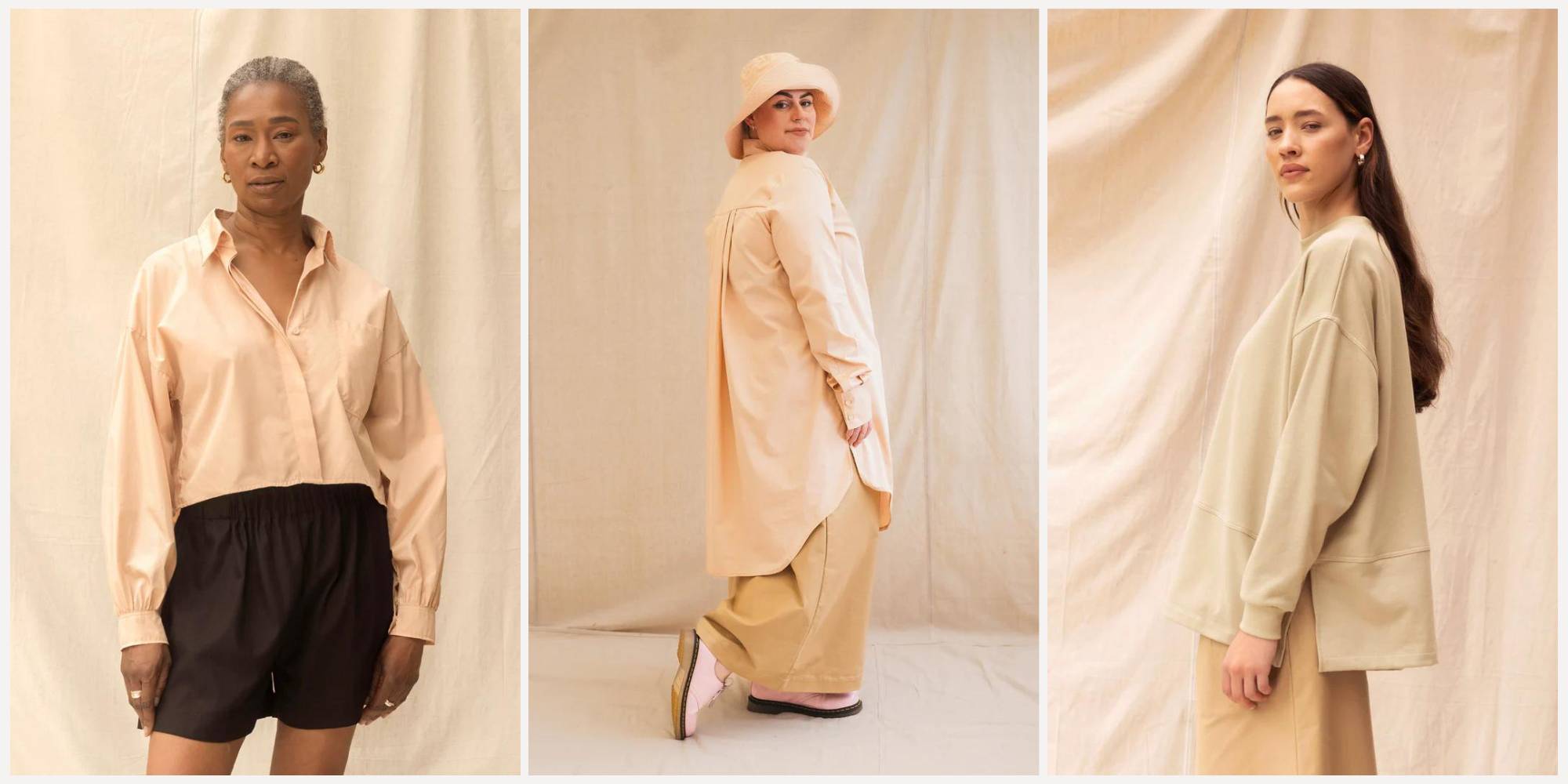 Three side by side images of people in different attire: light peach shirt and black shorts, long peach shirt and beige wide pants, and beige oversized sweatshirt.