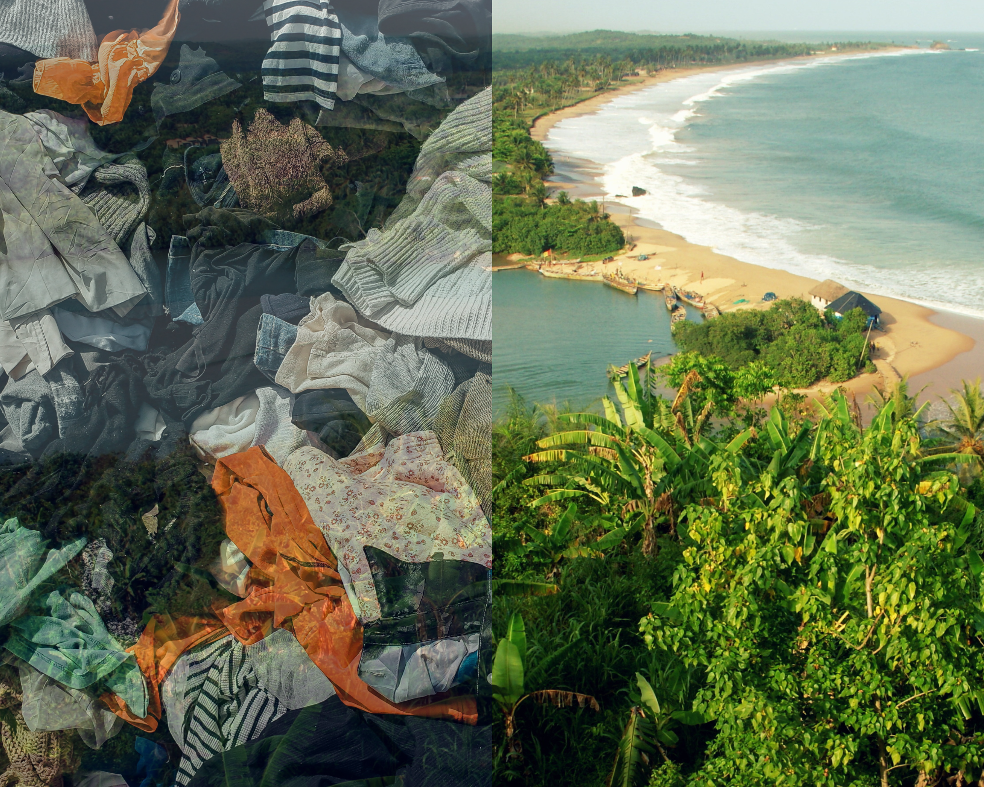An image of a landfill of wasted clothes is contrasted with a scenic imagery of Ghana