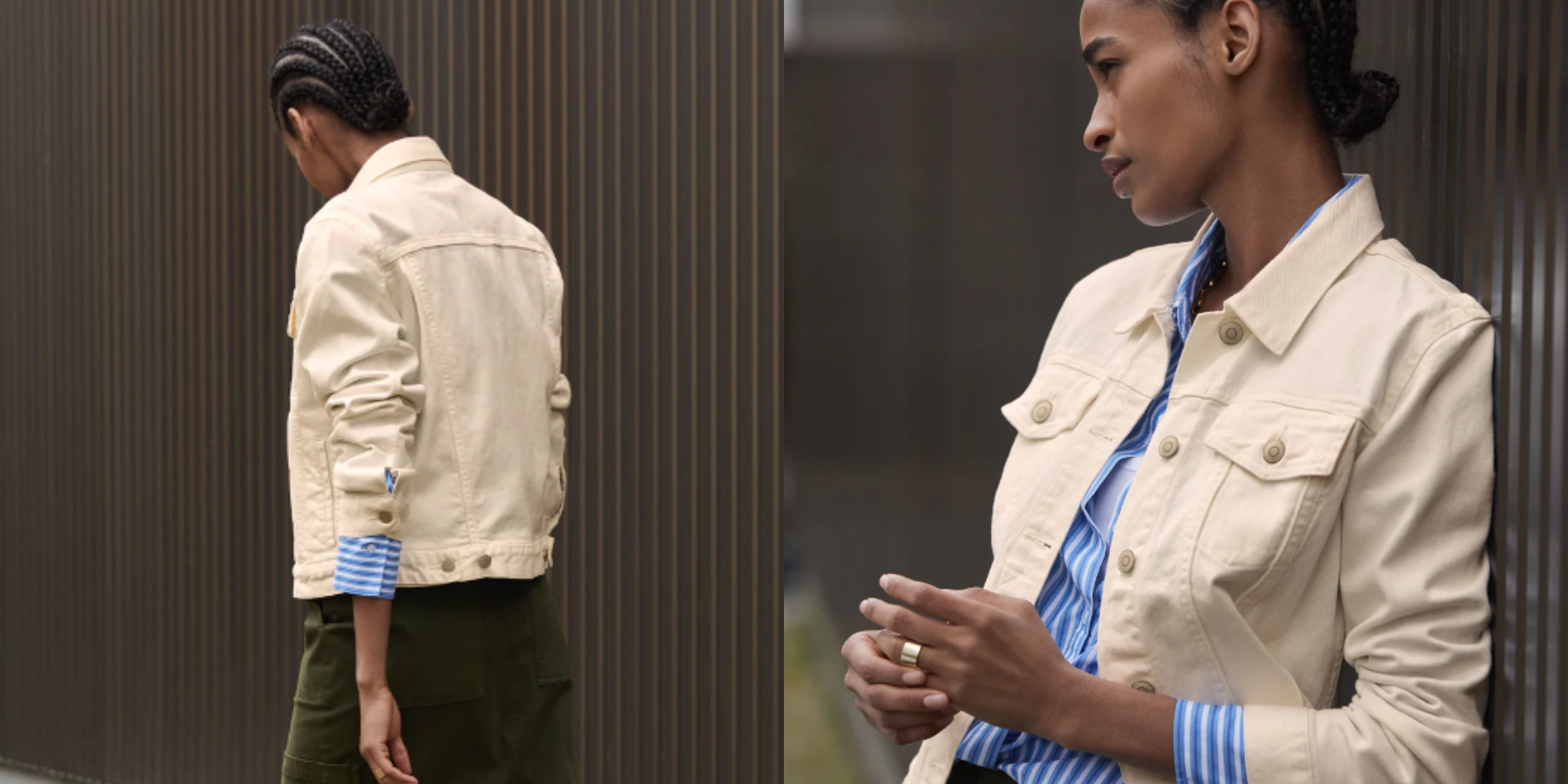 Someone wearing a denim jacket by Baukjen.