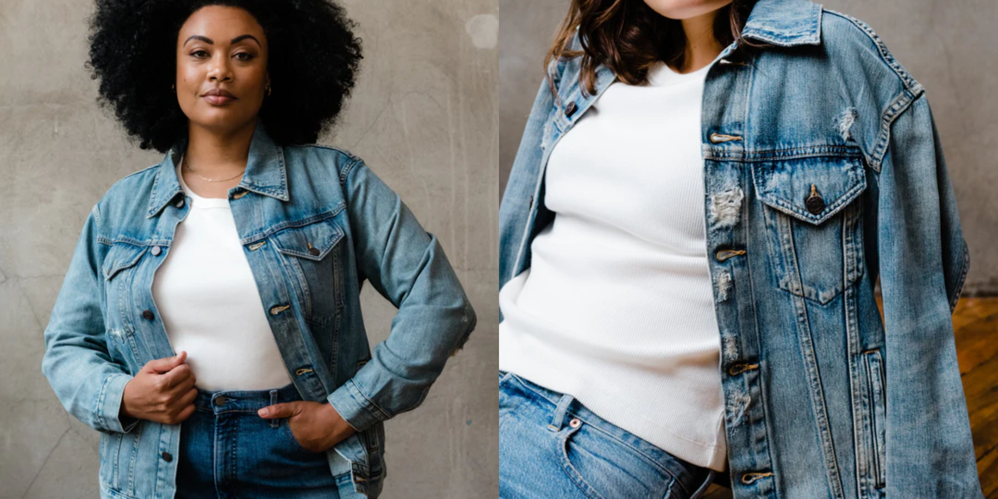 People wearing signature denim jacket by ABLE.