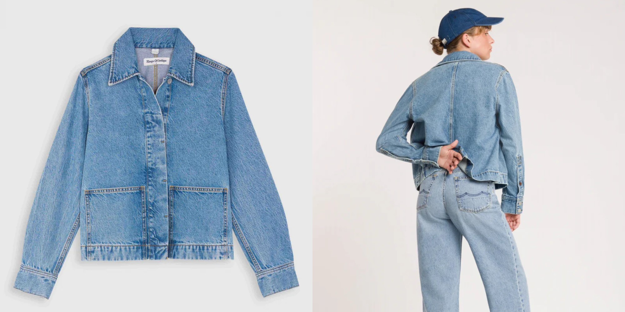 Someone wearing short denim jacket by Kings of Indigo.