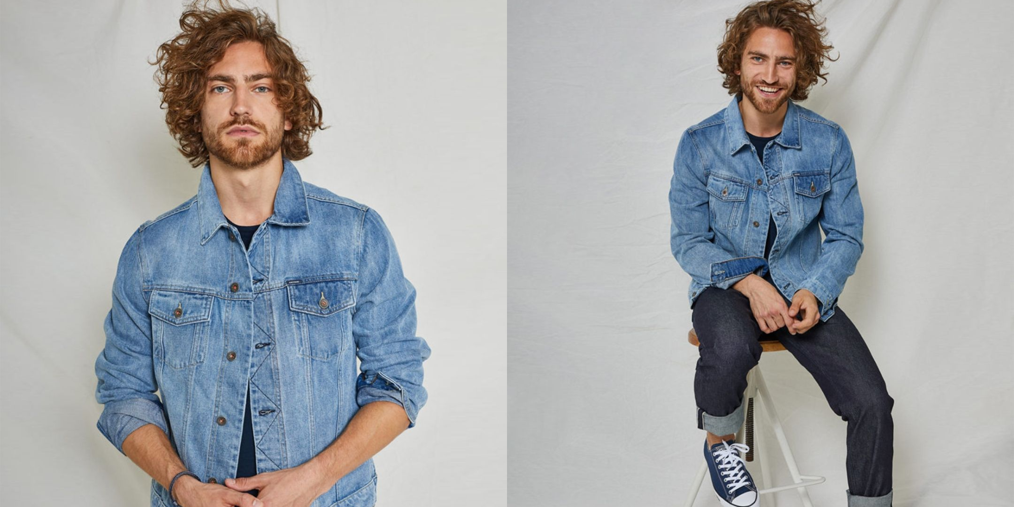 Someone wearing a light blue denim jacket by Kuyichi.