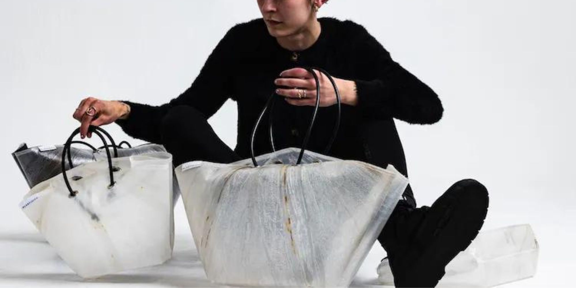 Bags made from upcycled umbrellas by Japanese brand PLASTICITY.