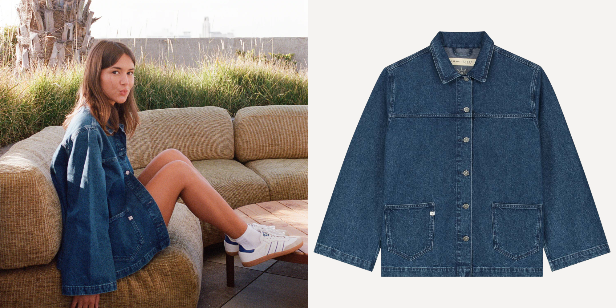 Someone wearing a denim jacket by MUD Jeans.