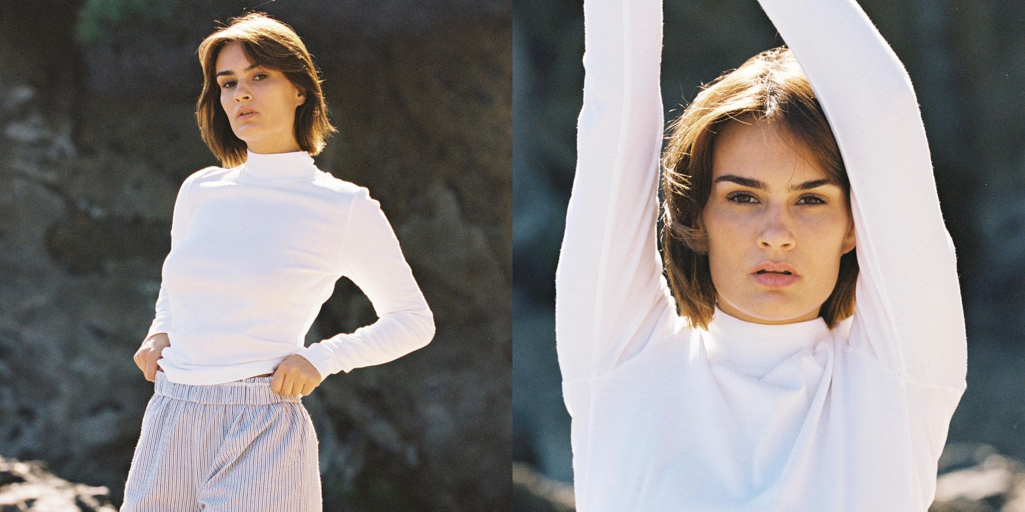 A white long sleeve mock neck top made from organic cotton by LA Relaxed.