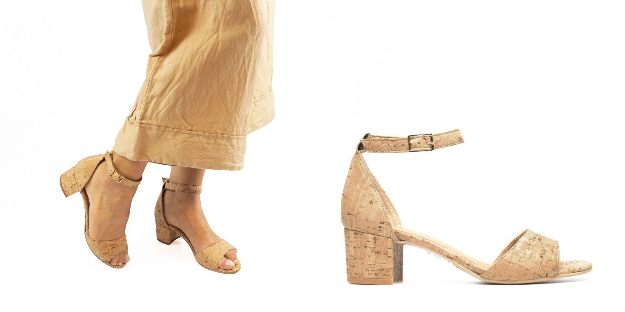 A pair of cork heeled sandals made responsibly by NAE.