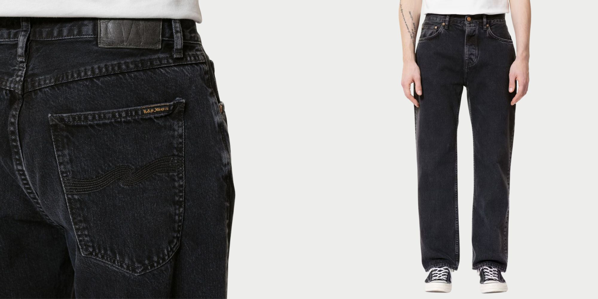 Black straight leg jeans made with organic cotton and a washable paper Jacron patch on the back by Nudie Jeans.