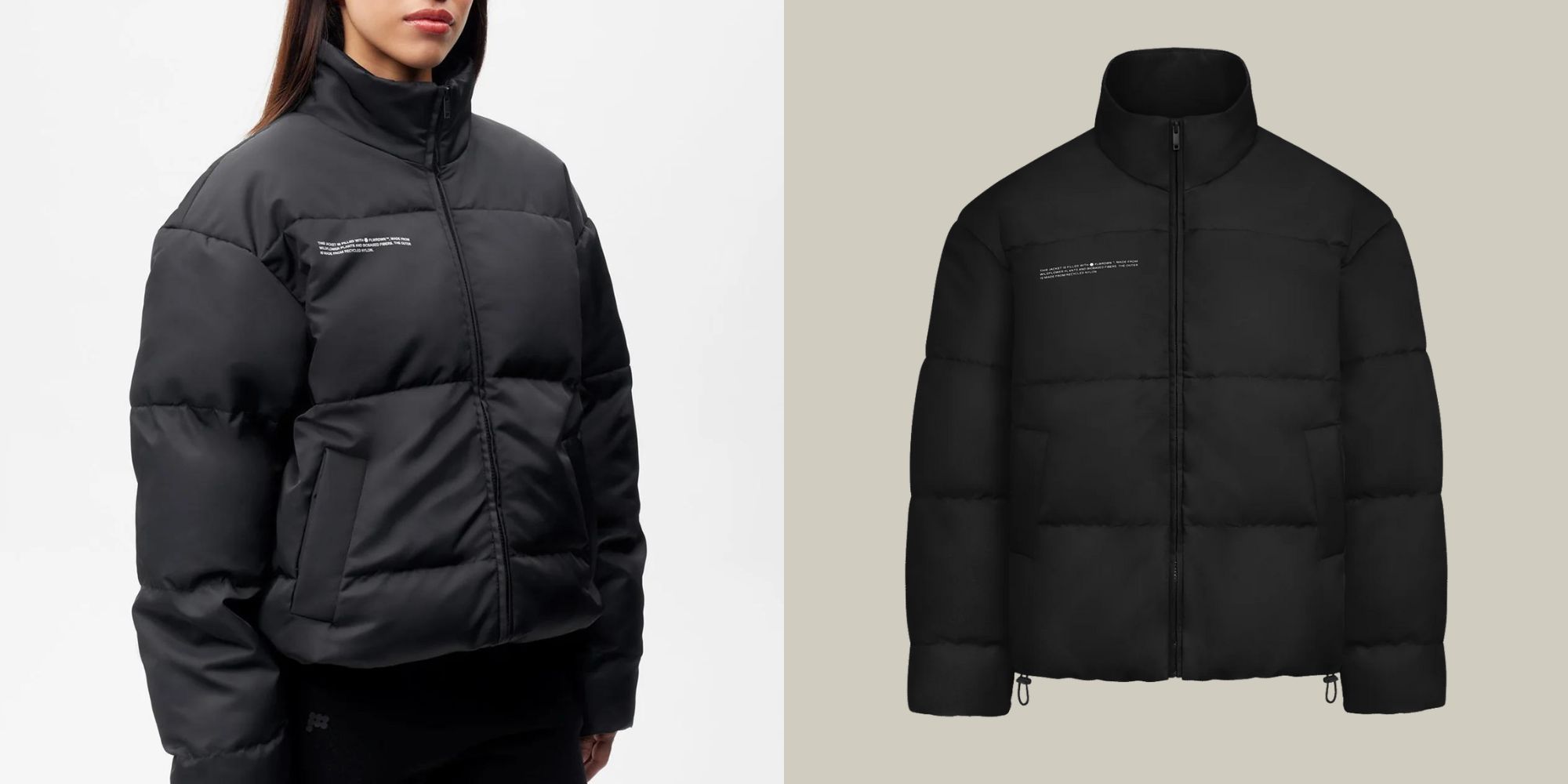A black puffer jacket made with vegan plastic-free material flower down FLWRDWN as insulation by PANGAIA.