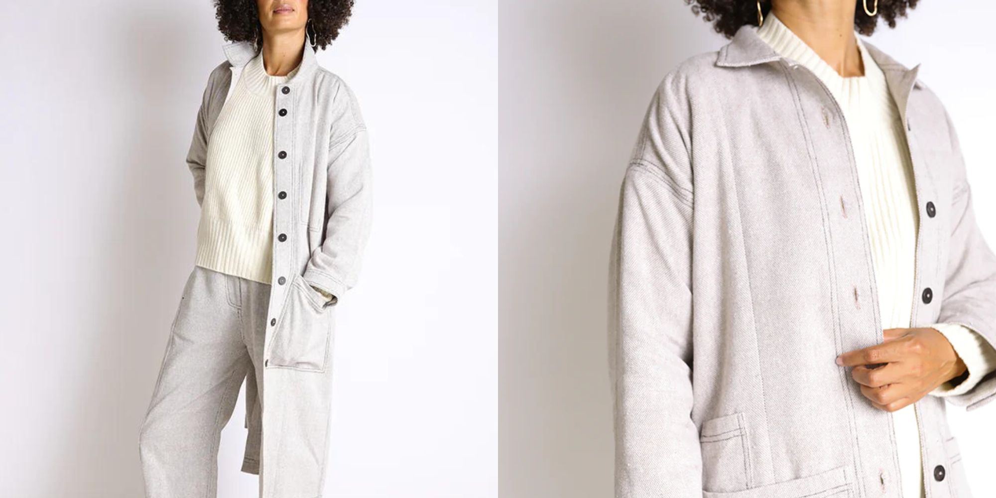A recycled cotton grey coat by Seek Collective.