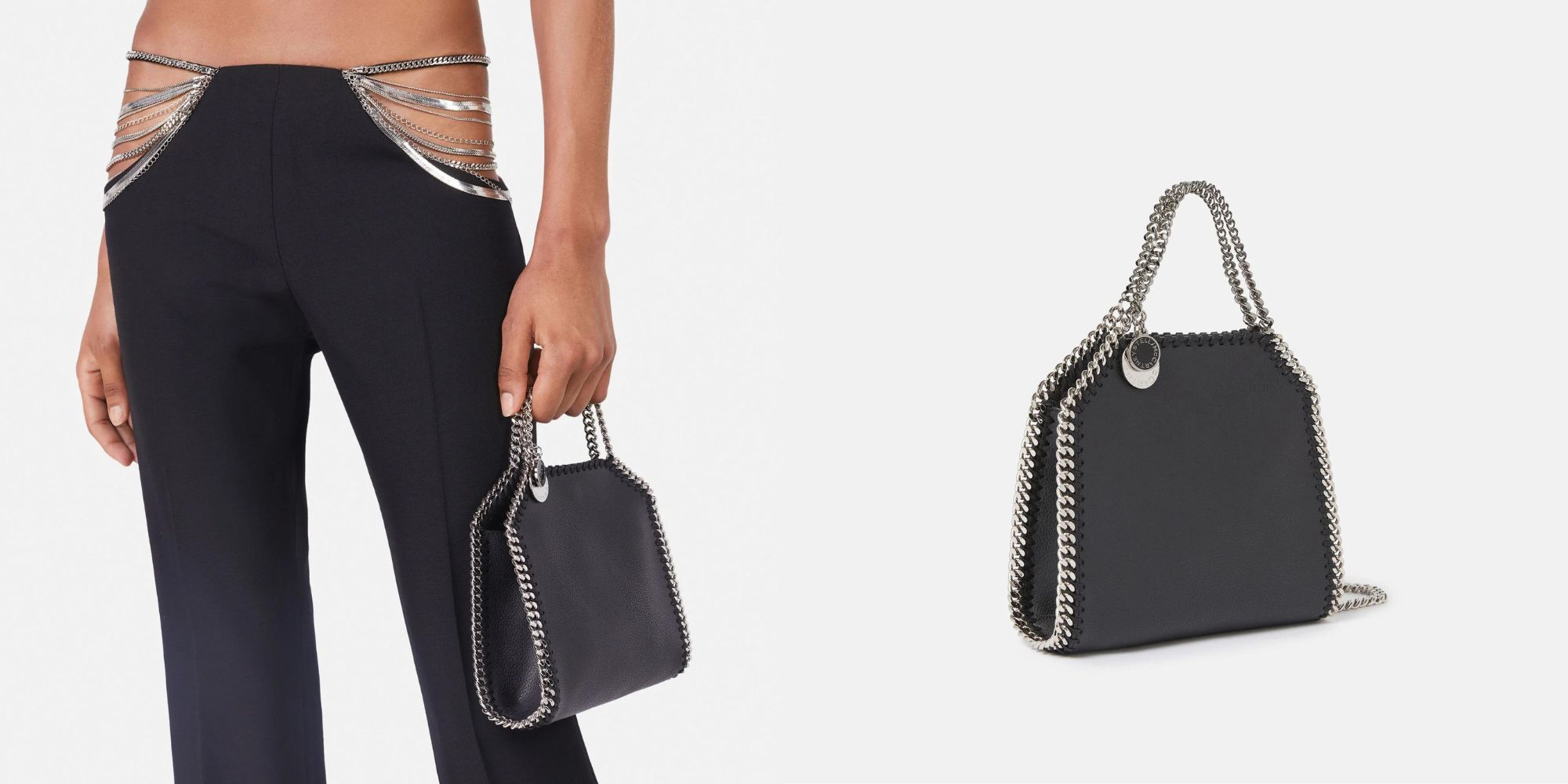 A black mini handbag by Stella McCartney made with Mirum.