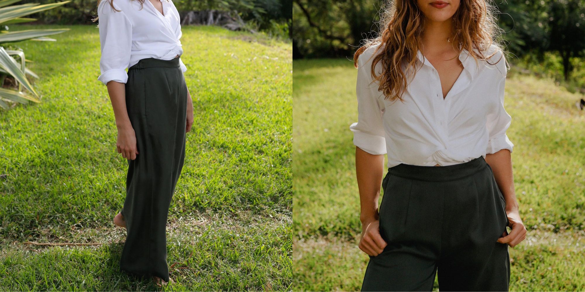 A pair of moss green silky trousers made from TENCEL Lyocell by Tasi Travels.