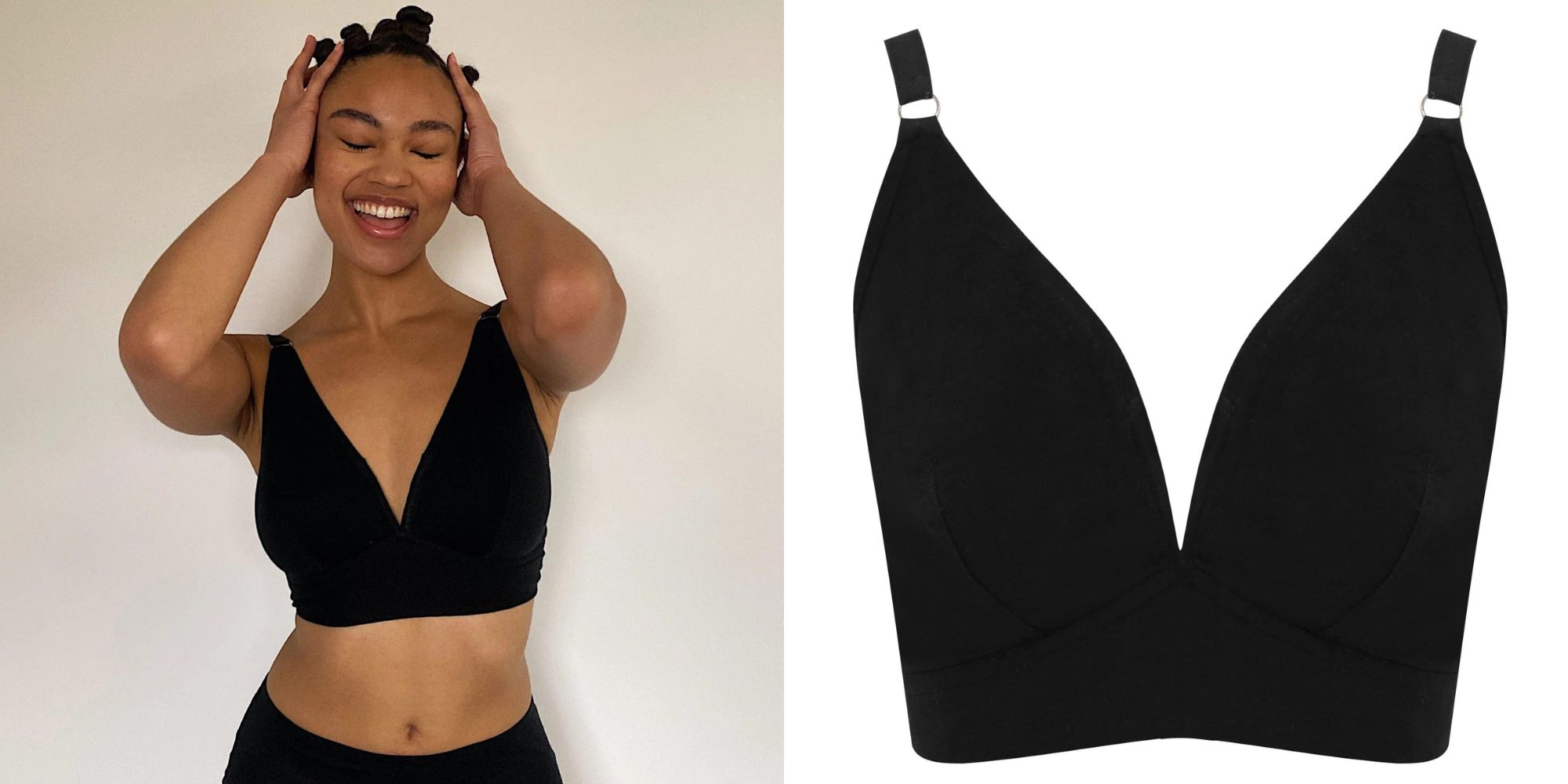 A black V cut bra by The Very Good Bra, made from TENCEL Lyocell.