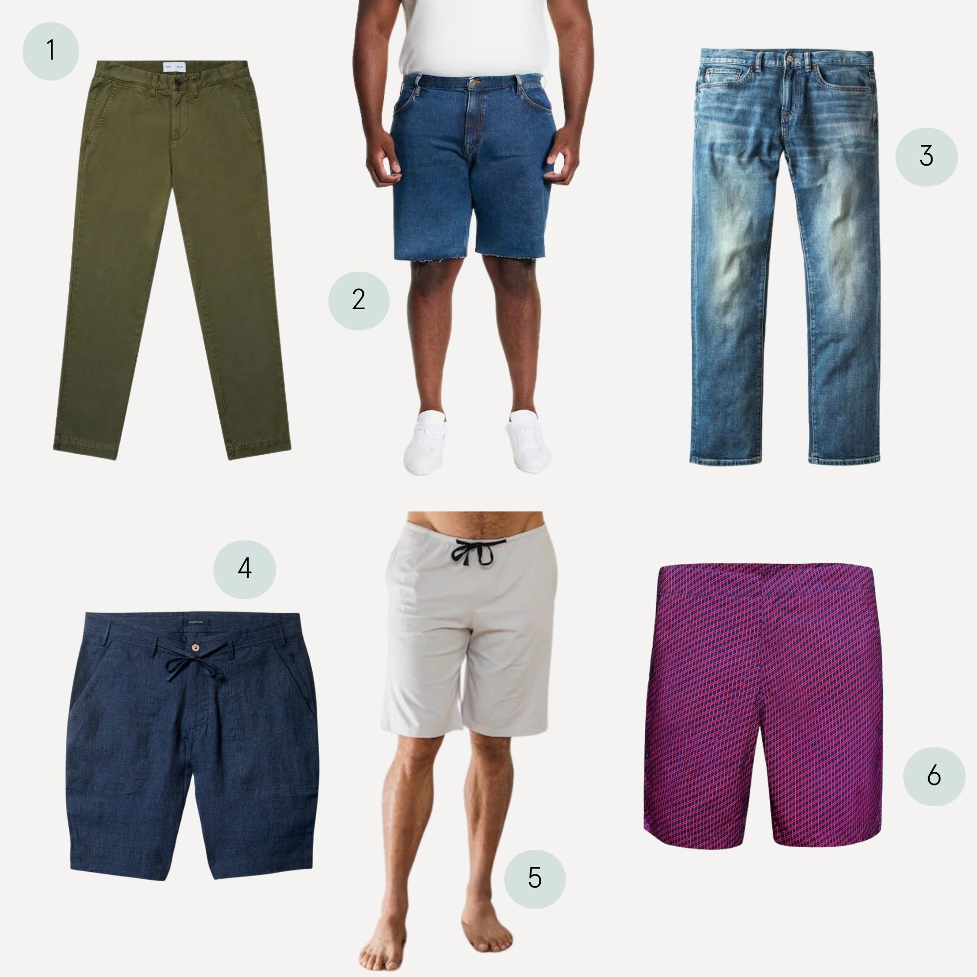A moodboard showing men's summer fashion shorts and trousers from better brands.