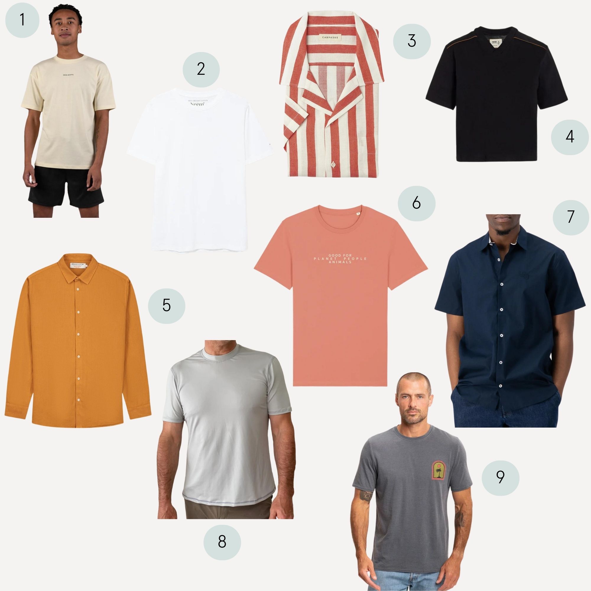 A moodboard showing men's summer fashion tops from better brands.